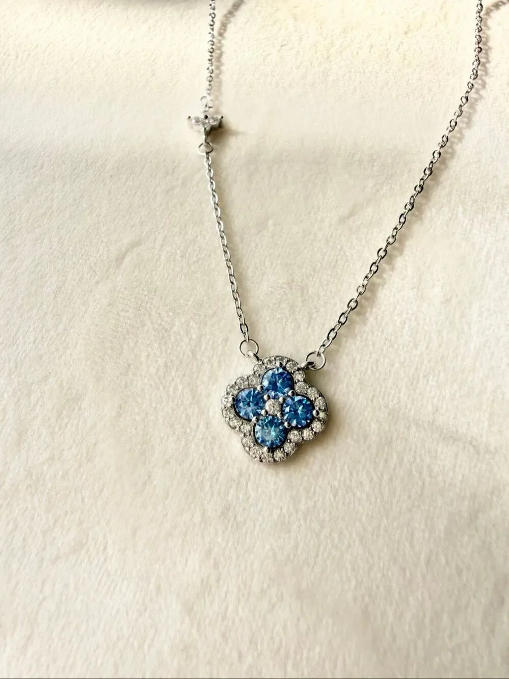Sapphire Blue Cubic Zirconia Quatrefoil Clover Pendant Necklace Silver Tone